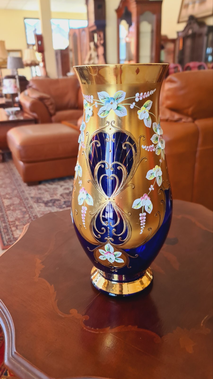 Френска синя ваза с 24к златно покритие