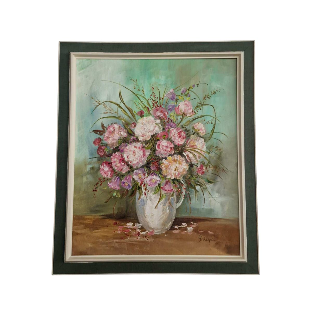 Маслена картина „Елегантен натюрморт с цветя в бяла ваза“