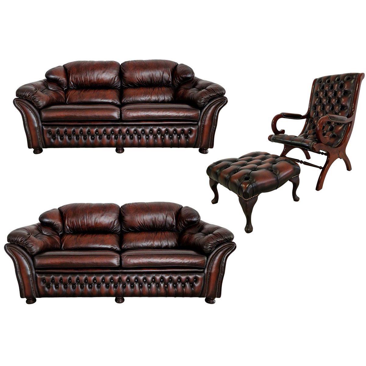 Луксозна холна гарнитура Chesterfield – тройка, двойка, кресло и табуретка