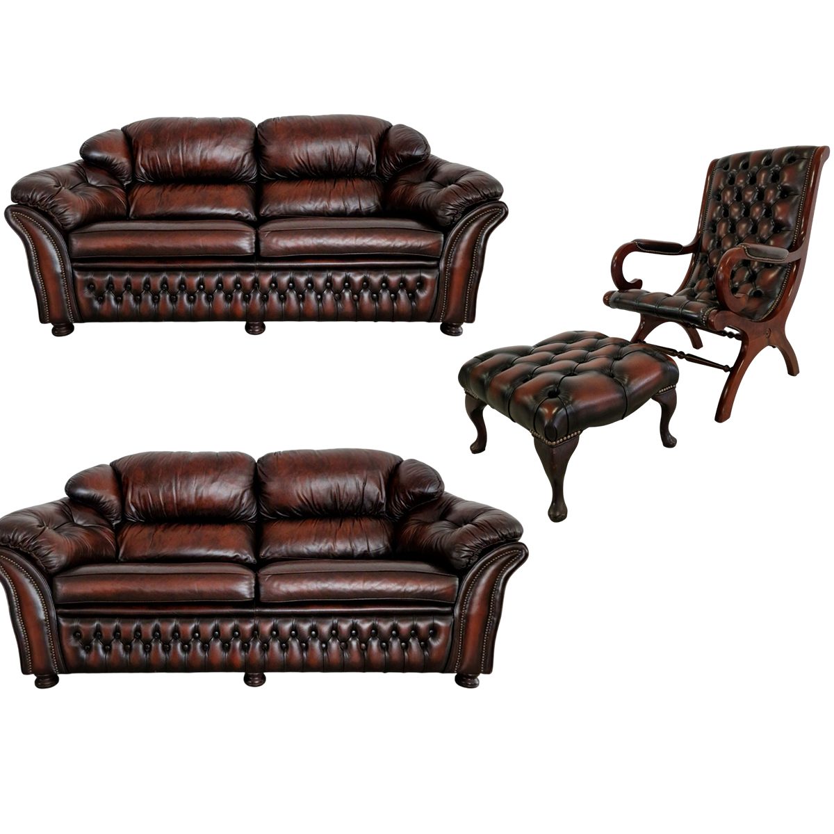 Луксозна холна гарнитура Chesterfield – тройка, двойка, кресло и табуретка
